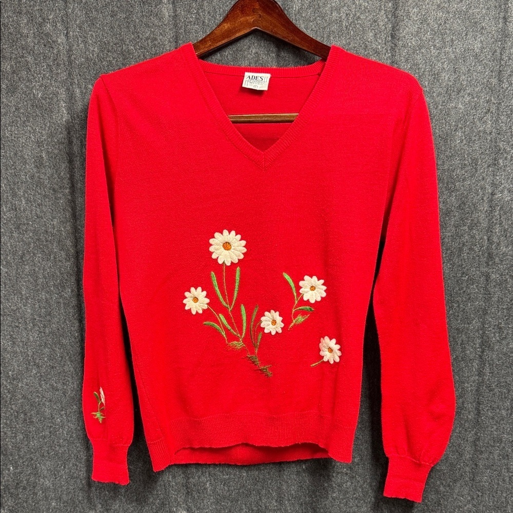 Ades of California Vintage Women's Red V-Neck Sweater with Floral Embroidery - Picture 1 of 7